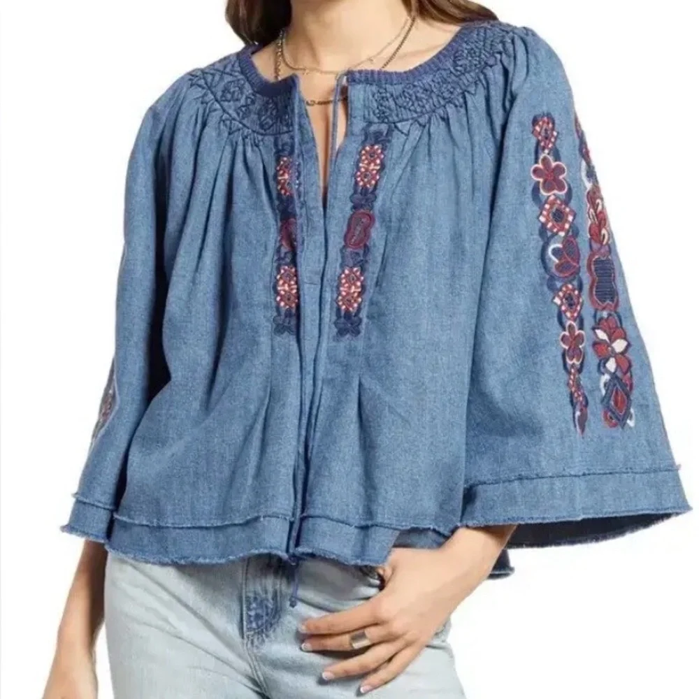 Free People Sun Valley Embroidered Denim Blouse - Picture 2 of 9